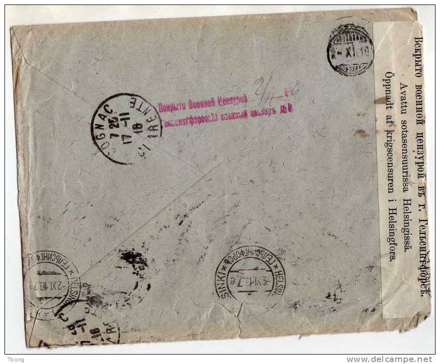 GRAND DUCHE DE FINLANDE 1916 - LETTRE DE HELSINKI POUR COGNAC FRANCE - CENSURE DIVERS CACHETS A VOIR - RARE DOCUMENT - Cartas & Documentos