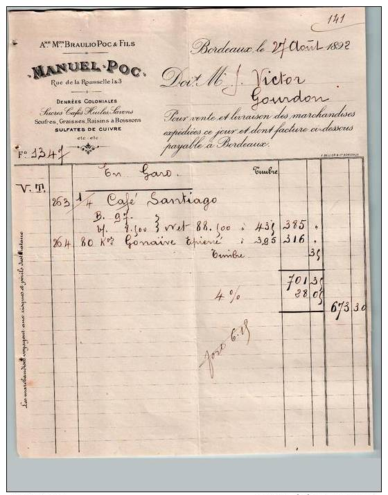 Entête Du 27/081892 MANUEL POC Denrées Coloniales Bordeaux - 1800 – 1899