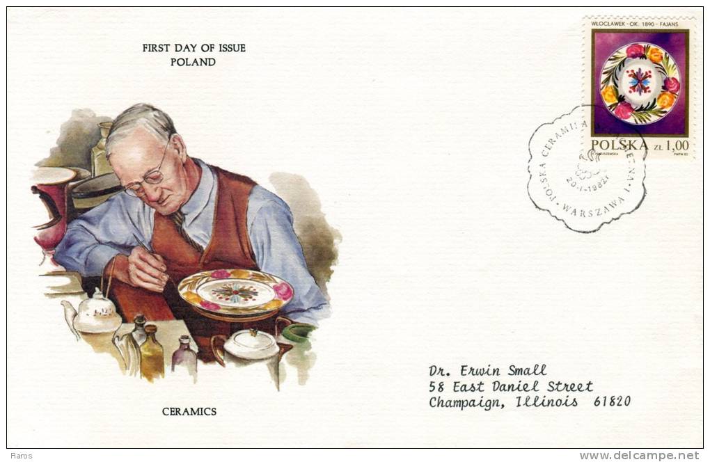 Poland-First Day Cover FDC- "Stoneware Plate-1890" Issue [Warsaw 20.1.1982] Posted To USA - FDC