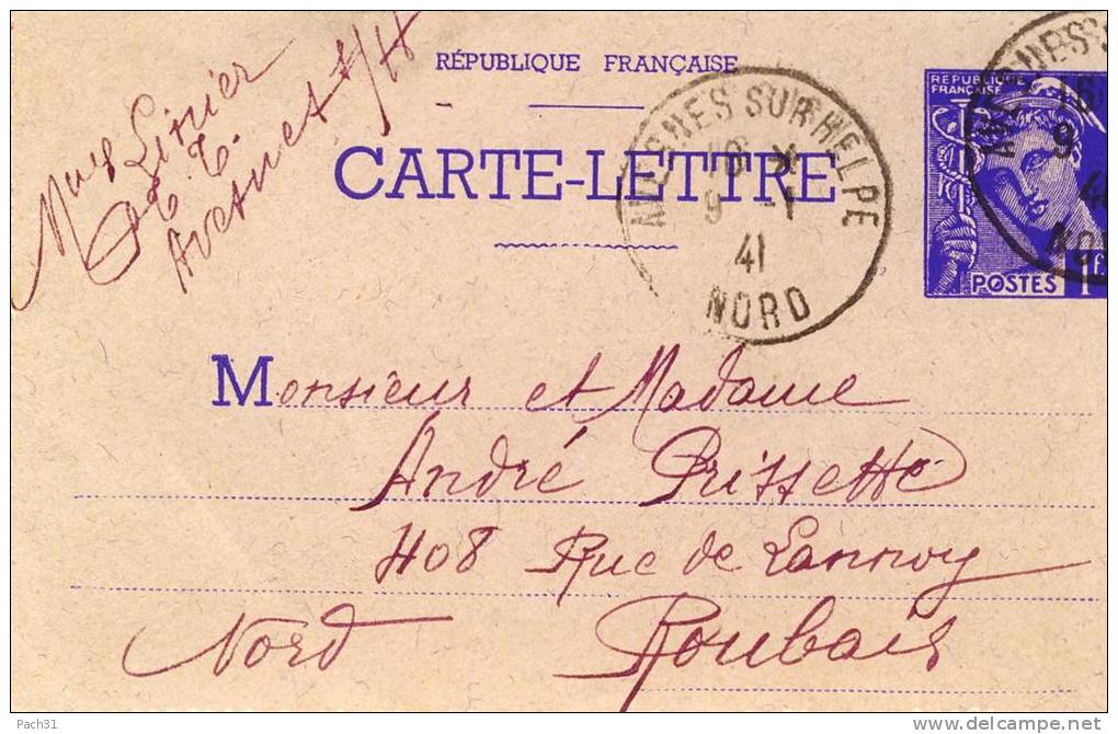 Carte Lettre SPE-CL1 Avesnes Sur Helpe Nord 9 1 1941 Avec Correspondance - Kaartbrieven