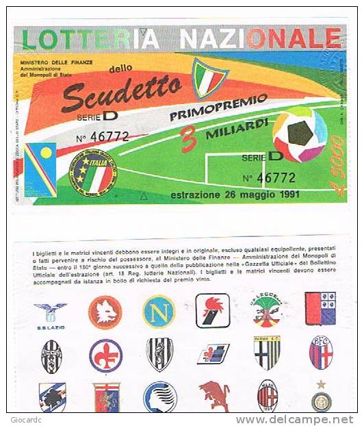 LOTTERIA NAZIONALE DELLO SCUDETTO 1991:  CAMPIONATO ITALIANO DI CALCIO  (AL RETRO STEMMI DELLE 18 SQUADRE DI SERIE A) - Lottery Tickets