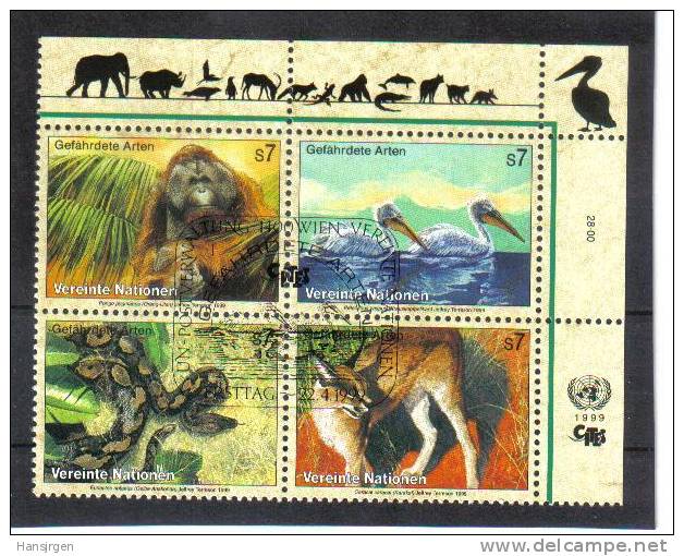 4BL185 UNO WIEN 1999 MICHL 287/90 VIERERBLOCK GESTEMPELT - Used Stamps