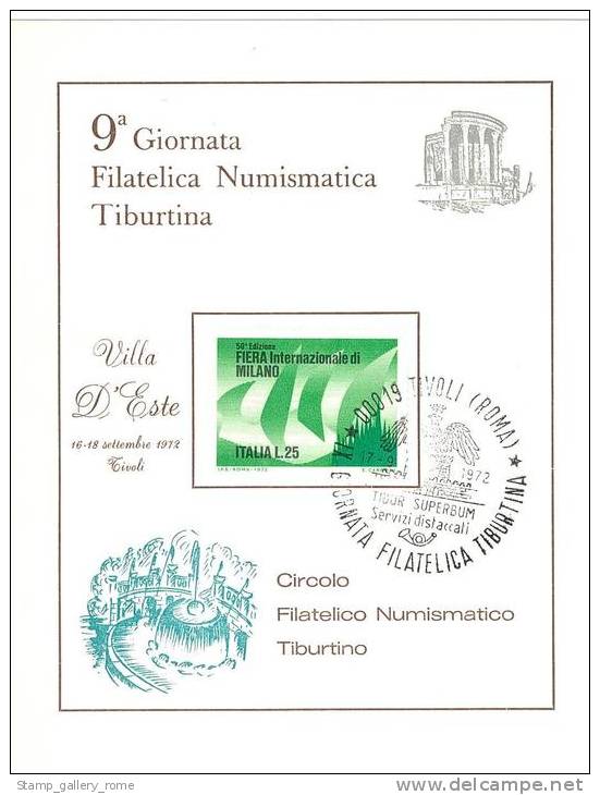 CARTOLINA  - 9° GIORNATA FILATELICA NUMISMATICA TIBURTINA - A. S. VILLA D´ESTE - TIVOLI ROMA  ANNO 1972 - MARCOFILIA - 1971-80: Storia Postale