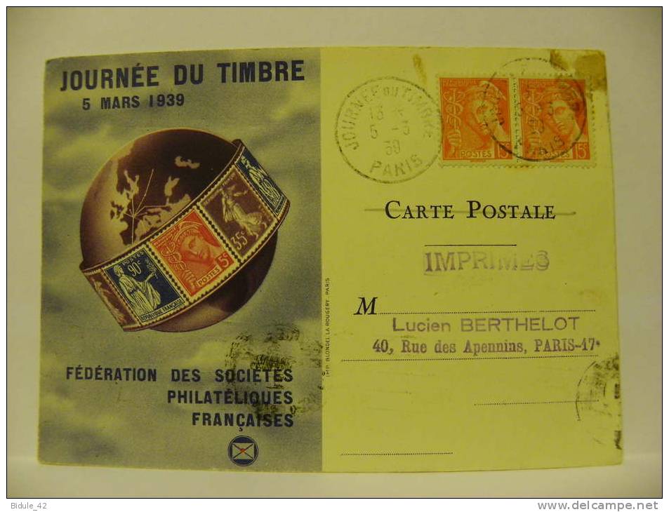 75 PARIS Carte FSPF Journée Du Timbre 1939 - ....-1949