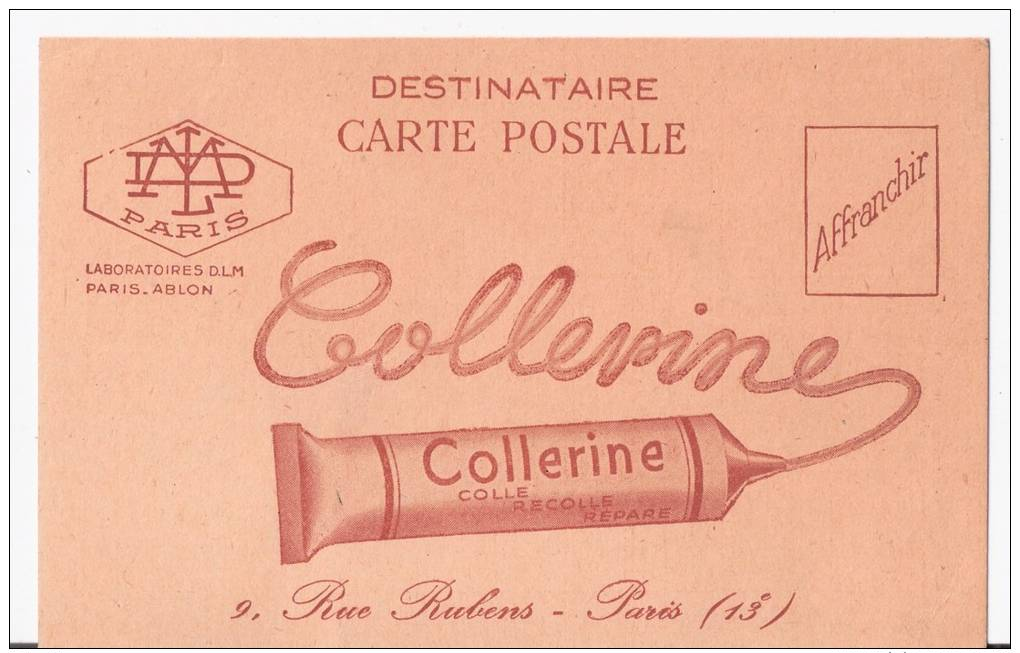 CARTE POSTALE PUB.  "COLLERINE" 9,Rue Rubens. PARIS. - Publicidad