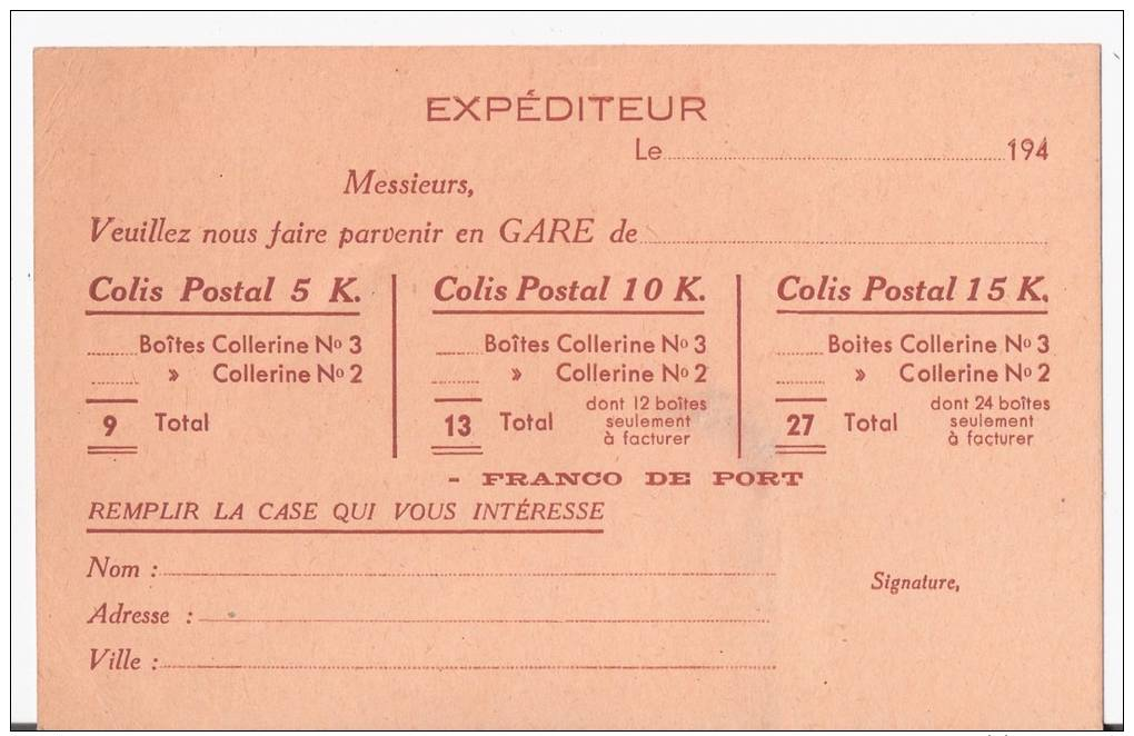 CARTE POSTALE PUB.  "COLLERINE" 9,Rue Rubens. PARIS. - Publicidad