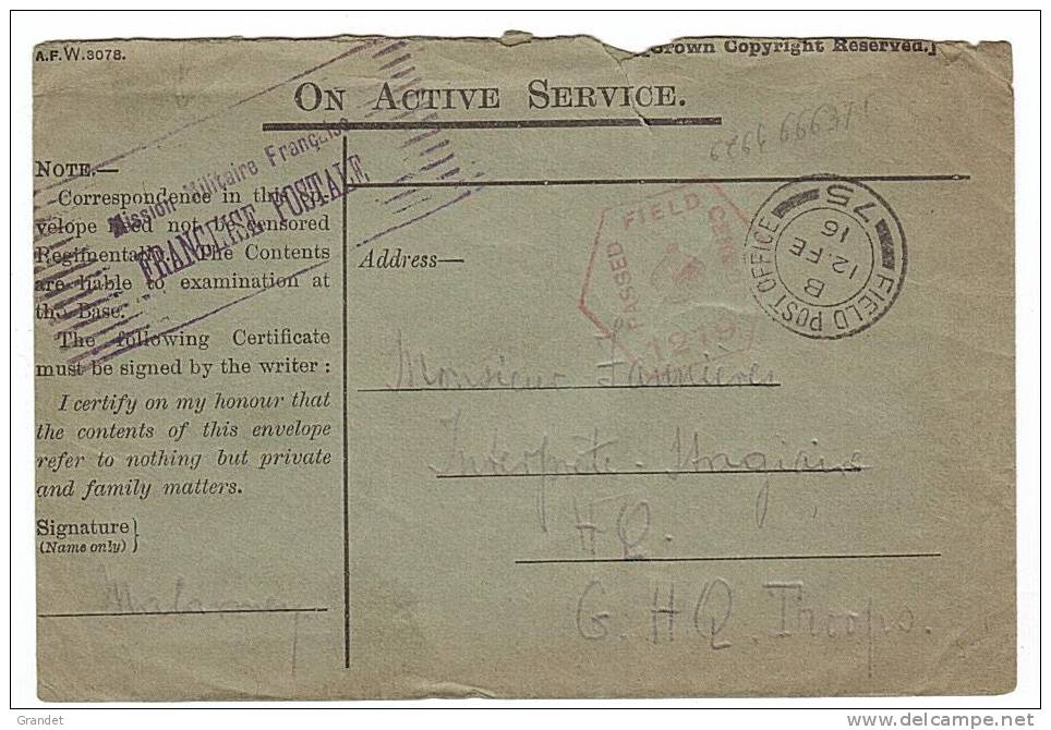 FRANCHISE MILITAIRE - 14/18 - ENVELOPPE  MILITAIRE - WW1 -  ARMEE ANGLAISE - MISSION MILITAIRE FRANCAISE. - Militaria