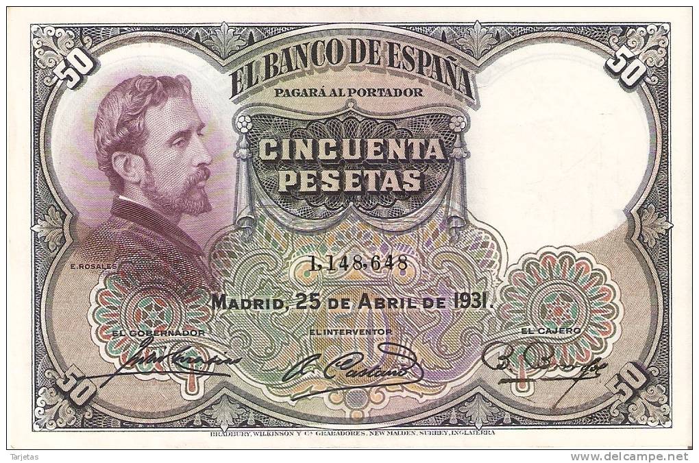 BILLETE DE 50 PTAS DE 1931 E. ROSALES SIN SERIE CALIDAD EBC+   (BANKNOTE) - 50 Pesetas
