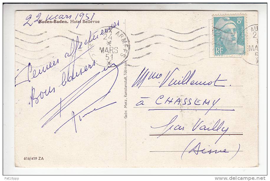 ALLEMAGNE - BADEN BADEN - Hotel Bellevue - CPSM PF (1951) N° 616/419 - - Baden-Baden