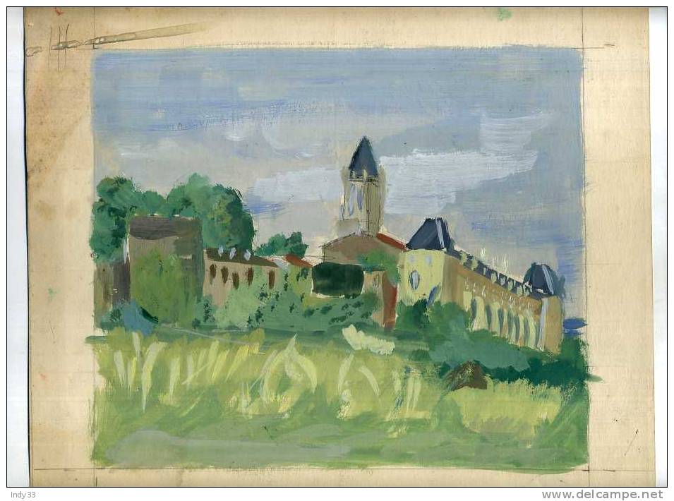 - FRANCE 33 .  VUE DE LA REOLE . GOUACHE NON SIGNEE . DATEE 1952 ? AU DOS - Tempere