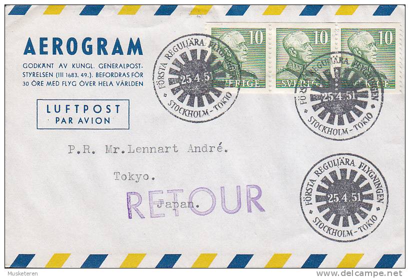 ## Sweden Airmail Aerogram STOCKHOLM - TOKIO 1st Flight 1951 Cover Brief RETOUR Cds 3-Stripe King Gustaf Adolf (2 Scans) - Lettres & Documents