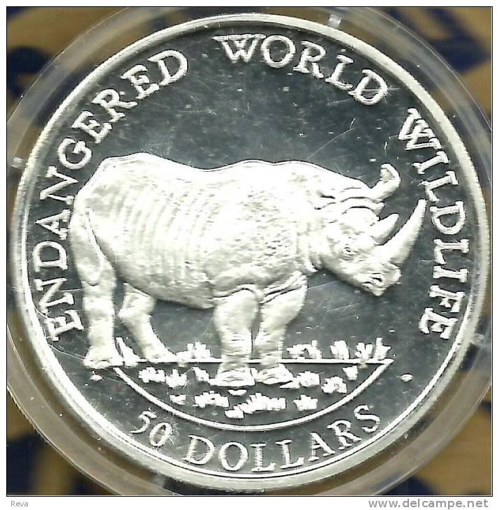 COOK ISLANDS $50 RHINO ANIMAL FRONT QEII HEAD BACK1990 AG SILVER PROOF KM? READ DESCRIPTION CAREFULLY!! - Cookinseln