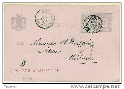 21/2cent + Bijfrankering 21/2 Cent (tandje Beschad.) Van MAASTRICHT 4 Maart 1886 Naar Mechelen /BELGIE - Entiers Postaux