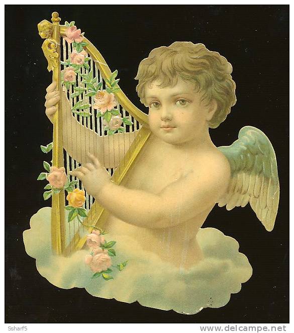 Diecut Embossed Christmas Angel With HARP C. 1895 Ange Harpe Engel (perfect Quality 10x11 Cm) - Angels