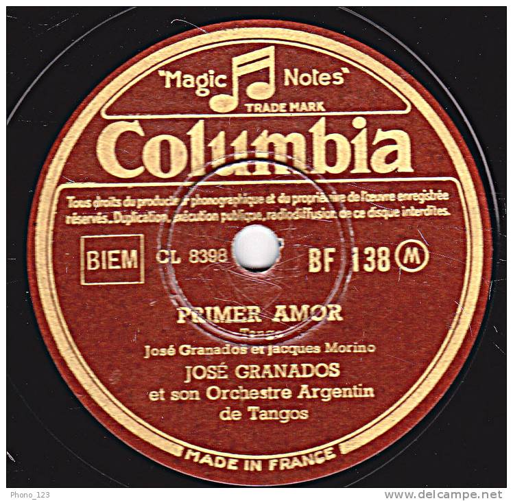 78 Tours - Columbia  BF 138 - JOSE GRANADOS - PRIMER AMOR - JALOUSIE - 78 T - Discos Para Fonógrafos