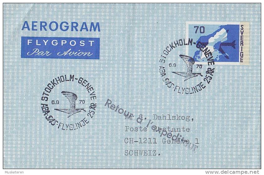 ## Sweden Airmail Aerogram STOCKHOLM - GENEVE ABA - SAS Flyglinje 25 år 1970 Cover Brief Retour A L´expéditeur (2 Scans) - Lettres & Documents