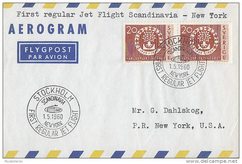 ## Sweden Airmail Aerogram STOCKHOLM - NEW YORK First Regular Jet Flight Cover Brief 1960 World Refugee Pair - Lettres & Documents