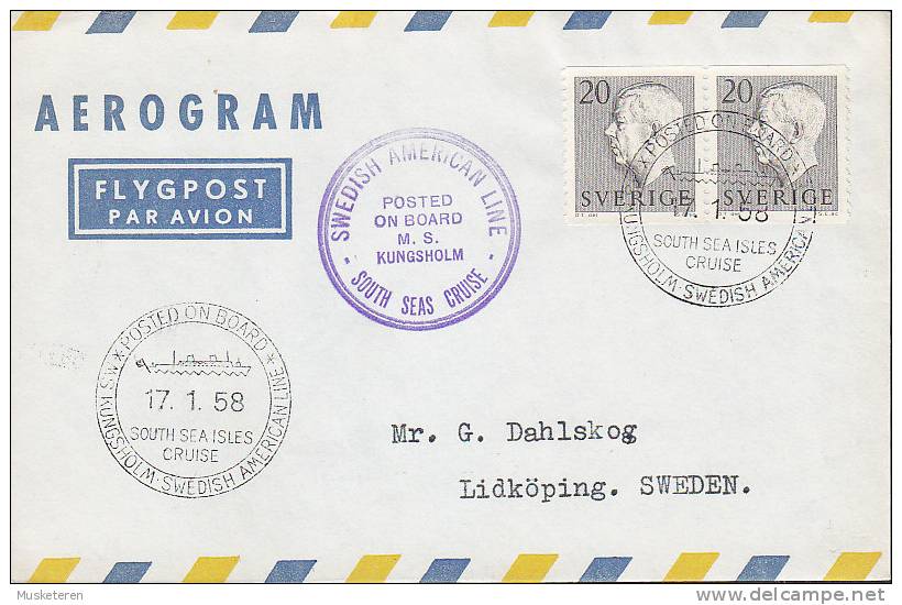 ## Sweden Airmail Aerogram SWEDISH AMERICAN LINE Posted On Board M.S. KUNGSHOLM South Sea Cruise 1958 Cover Brief - Lettres & Documents