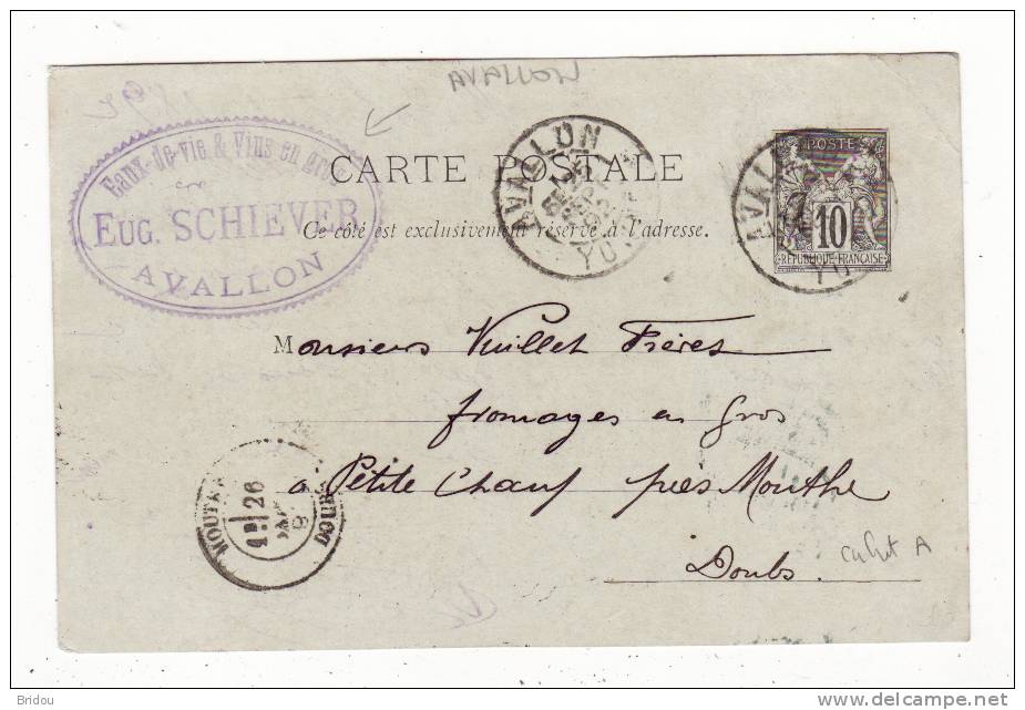 89  AVALLON   Cpa De 1892 Avec Cachet Eaux De Vies Schiever       éditions - Avallon