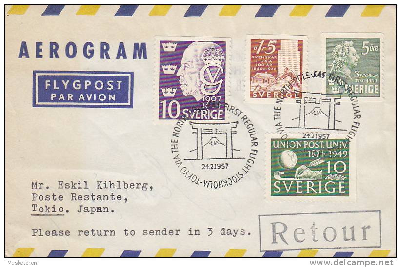 ## Sweden Airmail Aerogram STOCKHOLM - TOKYO First Regular NORTHPOLE Flight 1957 Cover Brief RETOUR (2 Scans) - Lettres & Documents