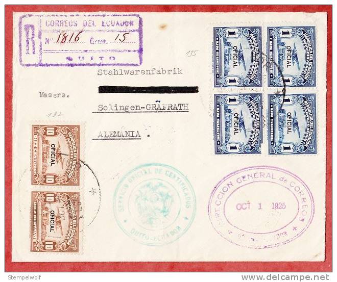 Luftpostbrief, Reco Einschreiben, MiF Dienstmarken, Quito Ueber New York Nach Solingen-Graefrath 1935 (37356) - Ecuador