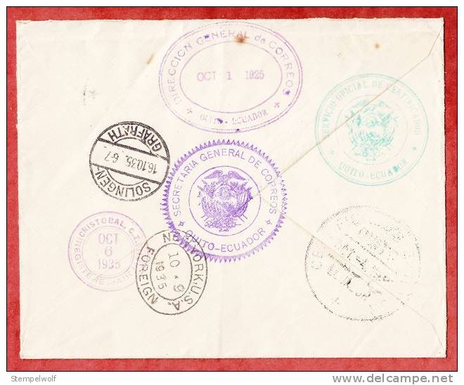 Luftpostbrief, Reco Einschreiben, MiF Dienstmarken, Quito Ueber New York Nach Solingen-Graefrath 1935 (37356) - Ecuador