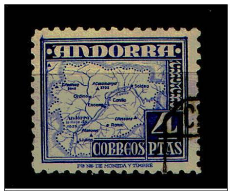 ANDORRA 1948.TIPOS DIVERSOS.EDIFIL Nº 56. 4 PTAS.AZUL USADO,CATALOGO MARCA 9 EUROS.SES060 - Oblitérés