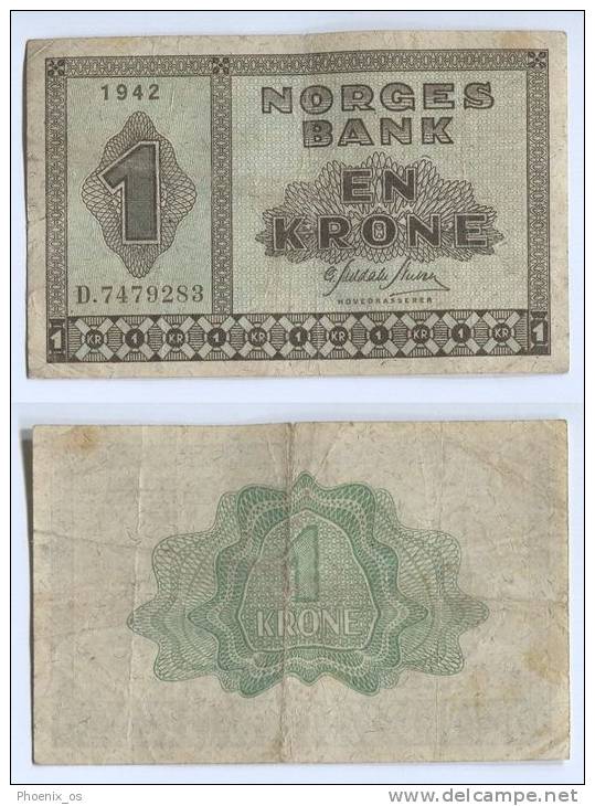 NORWAY - 1 Krone, 1942., Norges Bank, WW2 - Norway
