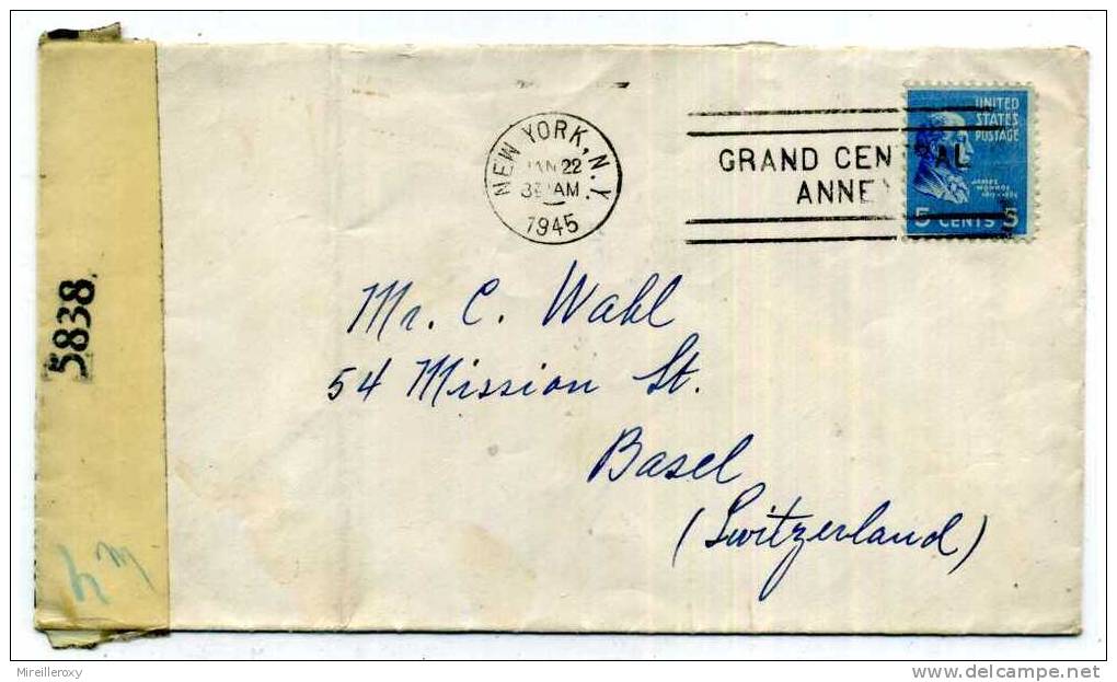 LETTRE ETATS UNIS  / USA  /  POUR LA SUISSE  BALE  / 1945 / CENSURE - Postal History