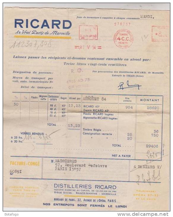 FACTURE RICARD A PARIS EN 1954 !! - 1950 - ...