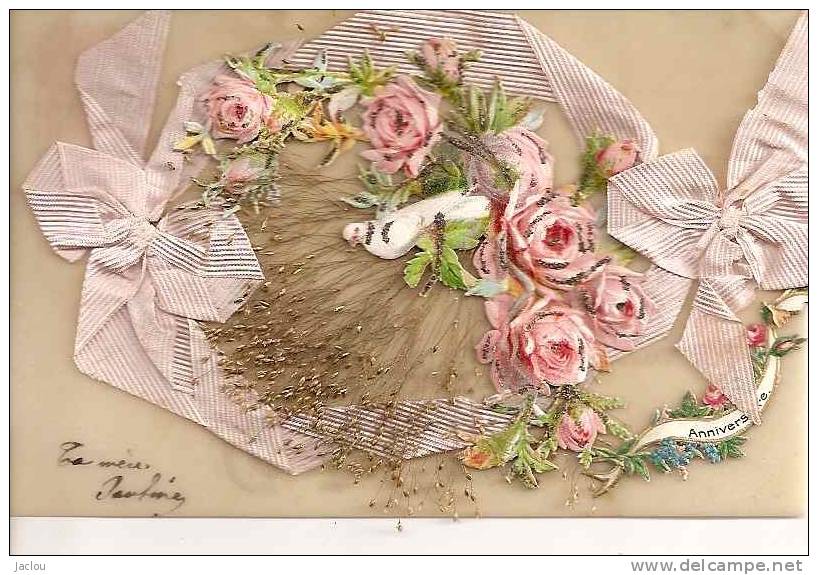 CARTE CELLULOIDE ,HERBIER ,PETITS NOEUDS,OISEAUX,FLEURS A VOIR !!  REF 30524 - Altri & Non Classificati