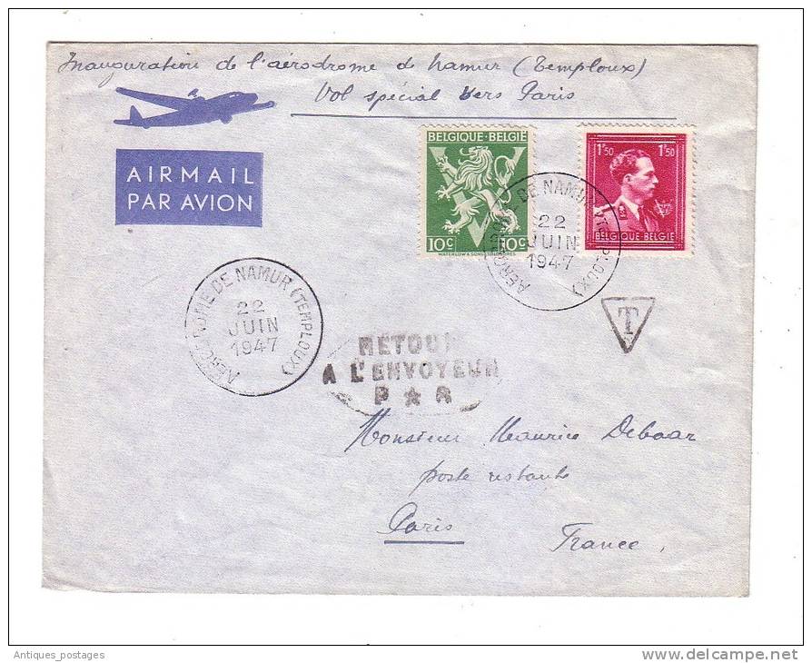 Aérodrome De Namur Temploux Belgique Vol Spécial Paris Retour Envoyeur 1947 - Covers & Documents