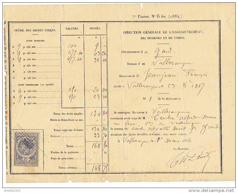 ENREGISTREMENT DES DOMAINES ET DU TIMBRE Ville De VILLARAUGUE ( GARD) 1887 - Brieven En Documenten