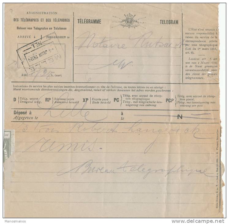 177/20 - Télégramme LILLE 1924 Vers Notaire à MELLE - Cachet De La Gare De MELLE à L' Arrivée - Timbres Télégraphes [TG]