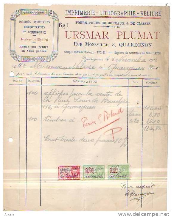 Quaregnon - 1933 - Ursmar Plumat - Imprimerie-lithographie-reliure - Fournitures De Bureaux - Drukkerij & Papieren