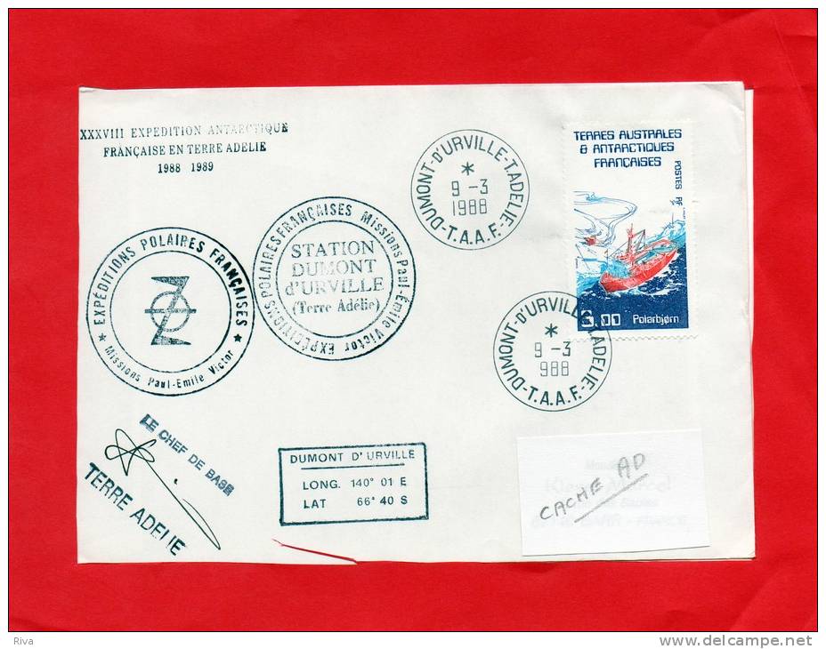 Pli De La 38° Expedition Antarctique En Terre ADELIE Le 9/3/1988.  (Signature Du Chef De Base) - Unused Stamps