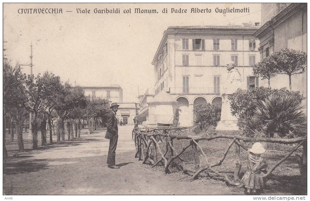 CIVITAVECCHIA - VIALE GARIBALDI CON IL MON. DI PADRE ALBERTO GUGLIELMOTTI VG 1914 BELLA FOTO ORIGINALE 100% - Civitavecchia