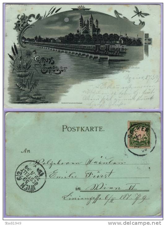 Vintage Card Gruss Aus Speyer Um 1899 Mondscheinkarte (441) - Speyer