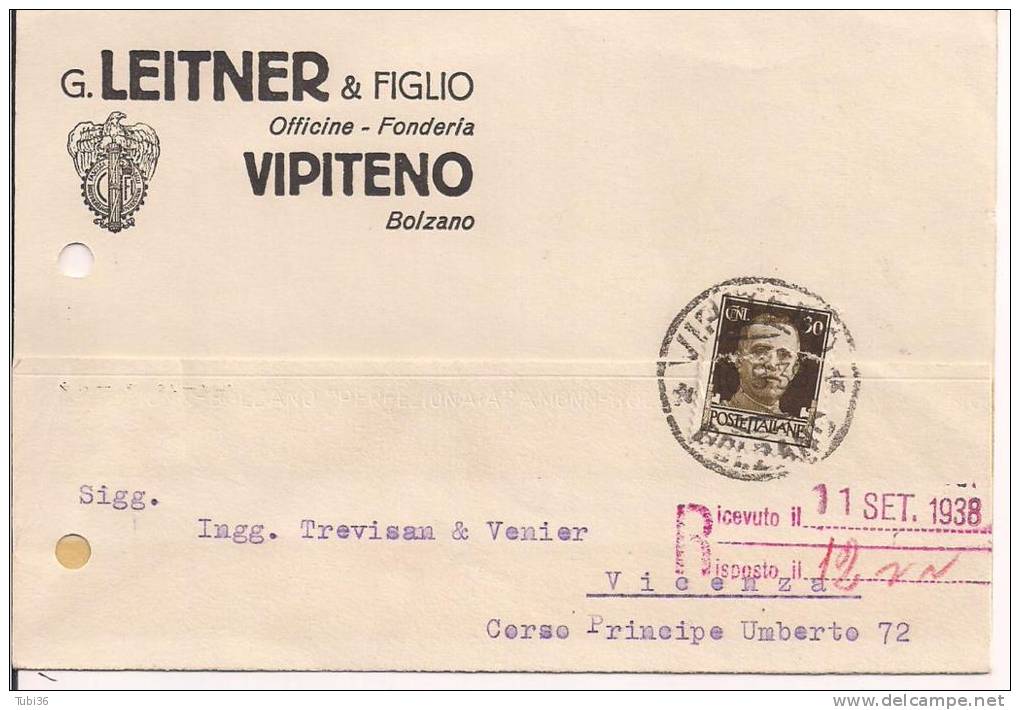 LEITNER - VIPITENO, CARTOLINA COMMERCIALE VIAGGIATA  1938, PER VICENZA, - Vipiteno