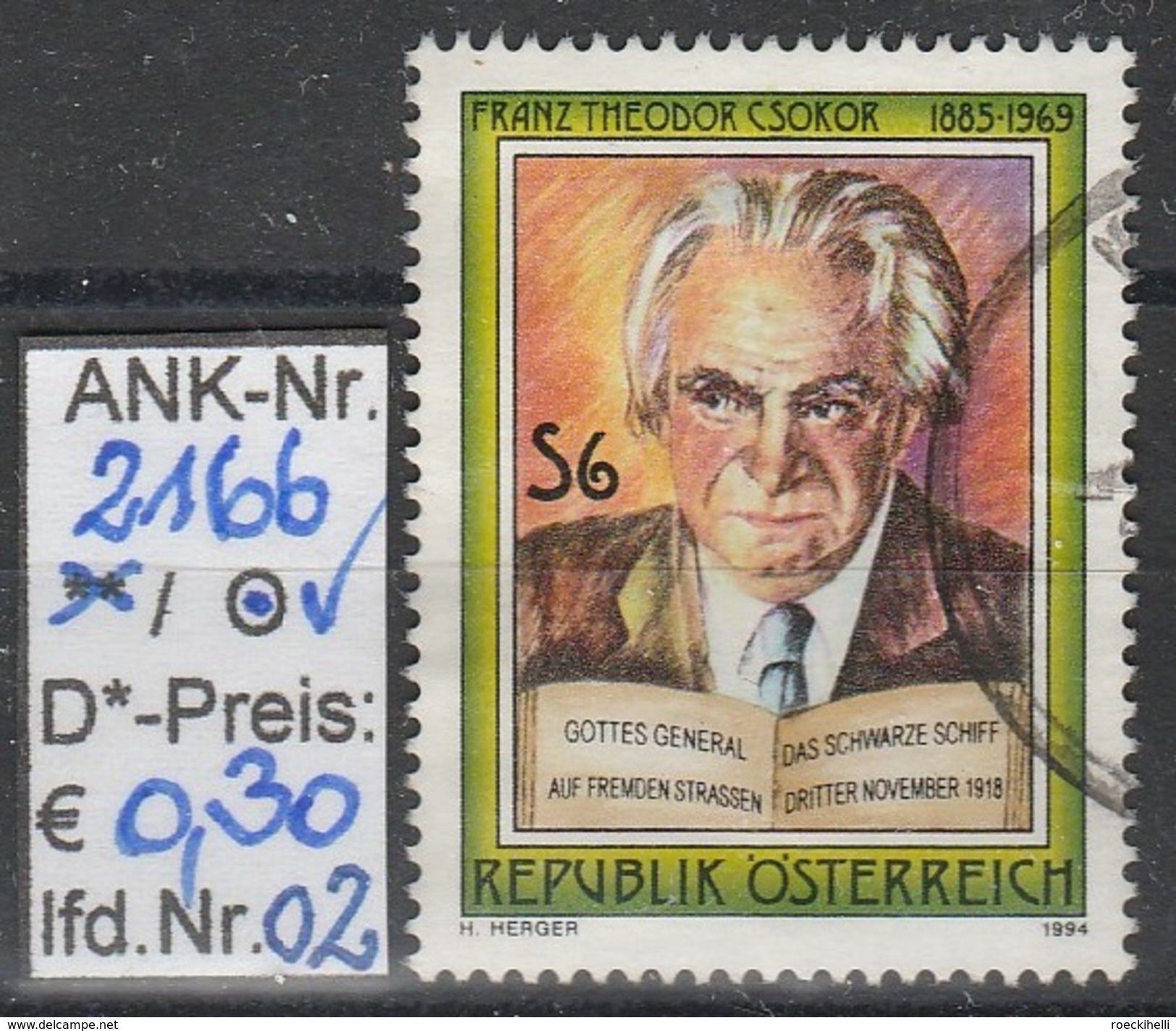 9.9.1994 -  SM-Satz  "Literatur -  F.T. Csokor "   - O  Gestempelt -  Siehe Scan  (2166o 01-03) - Usati