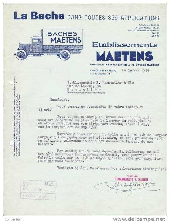 LA BACHE / ETABLISSEMENT MAETENS / BRUXELLES-LAEKEN 1937  (F215) - Automobilismo
