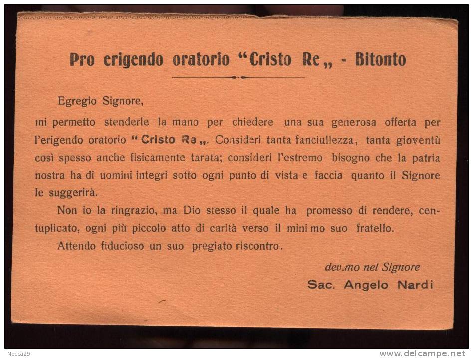 BITONTO ANNI 40 RARA CARTOLINA CON RICHIESTA DI OFFERTE PER L'ORATORIO "CRISTO RE" - VIAGGIATA PER MATERA (INT15) - Bitonto