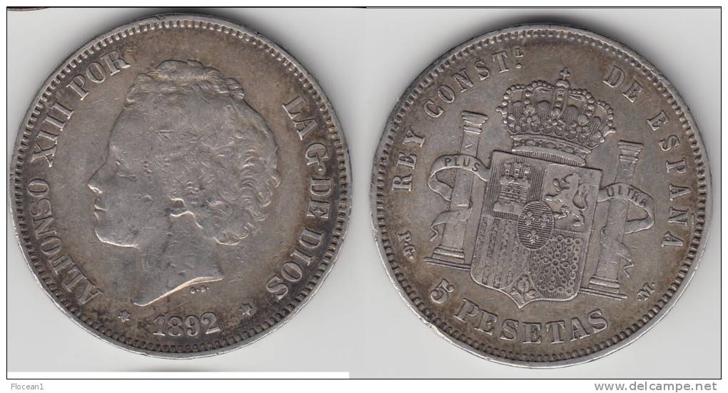 ****  SPAIN - ESPAGNE - 5 PESETAS 1892 ALFONSO XIII - SILVER -ARGENT **** EN ACHAT IMMEDIAT !!! - First Minting