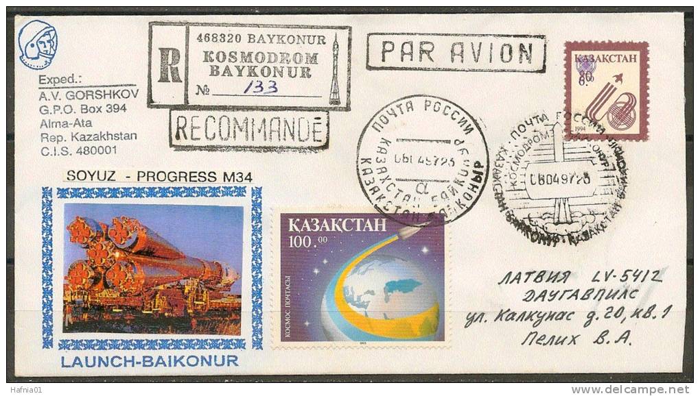 Space. Kazakhstan 1998.  Launch Soyuz-Progress M 34.  Registered Letter Sent From Cosmodrome Baikonur To  Latvia. - Asie