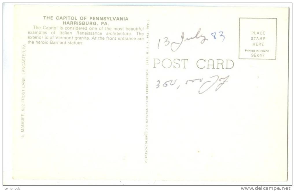 USA, The Capitol Of Pennsylvania, Harrisburg, PA, Dated Unused Postcard [12999] - Harrisburg