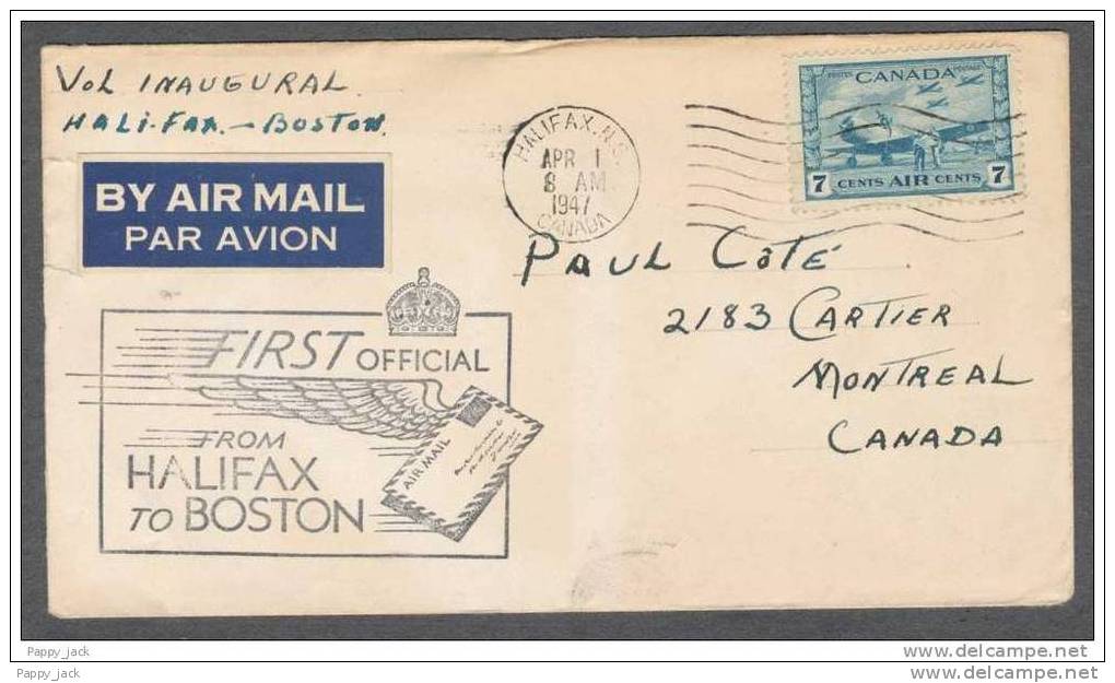 Canada First Official Flight Halifax To Boston C8 Airmail Stamp Plane Backstamped & Circulated - ....-1951