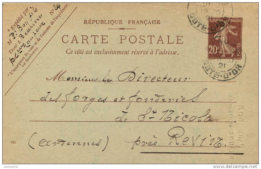 08 CARTE CORRESPONDANCE ENVOYEE AUX FORGES ET FONDERIES DE SAINT NICOLAS PRES REVIN - Revin