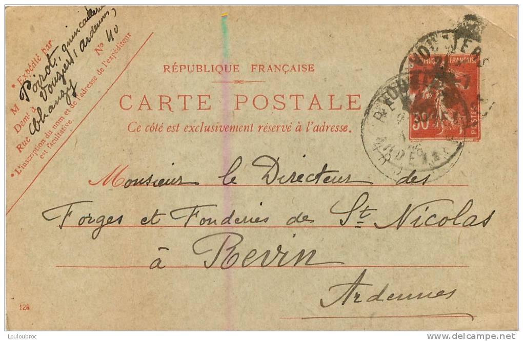 08 CARTE CORRESPONDANCE ENVOYEE AUX FORGES ET FONDERIES DE SAINT NICOLAS PRES REVIN - Revin