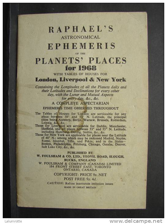 Liv106. Raphael's Ephemeris Of The Planets Places For 1968. - Esotérisme