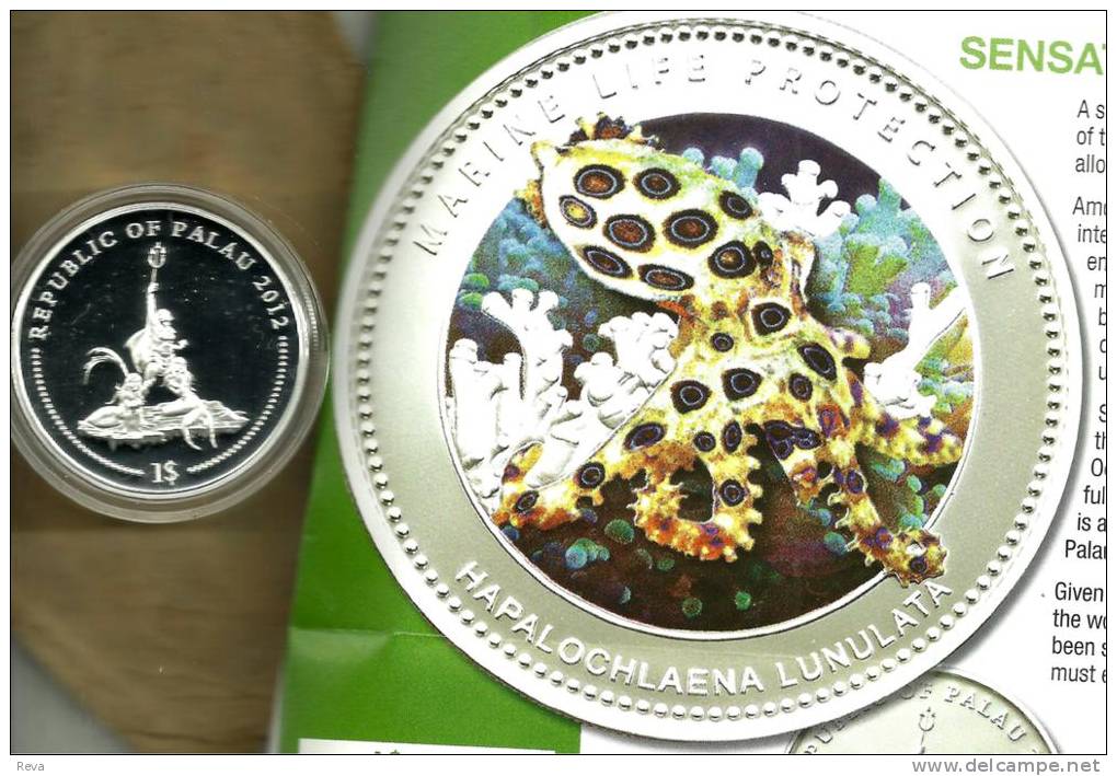 PALAU $1 DOLLAR OCTAPUS ANIMAL COLOURED FRONT EMBLEM BACK 2012 SILVER PLATED PROOF LIKE READ DESCRIPTION CAREFULLY!! - Palau